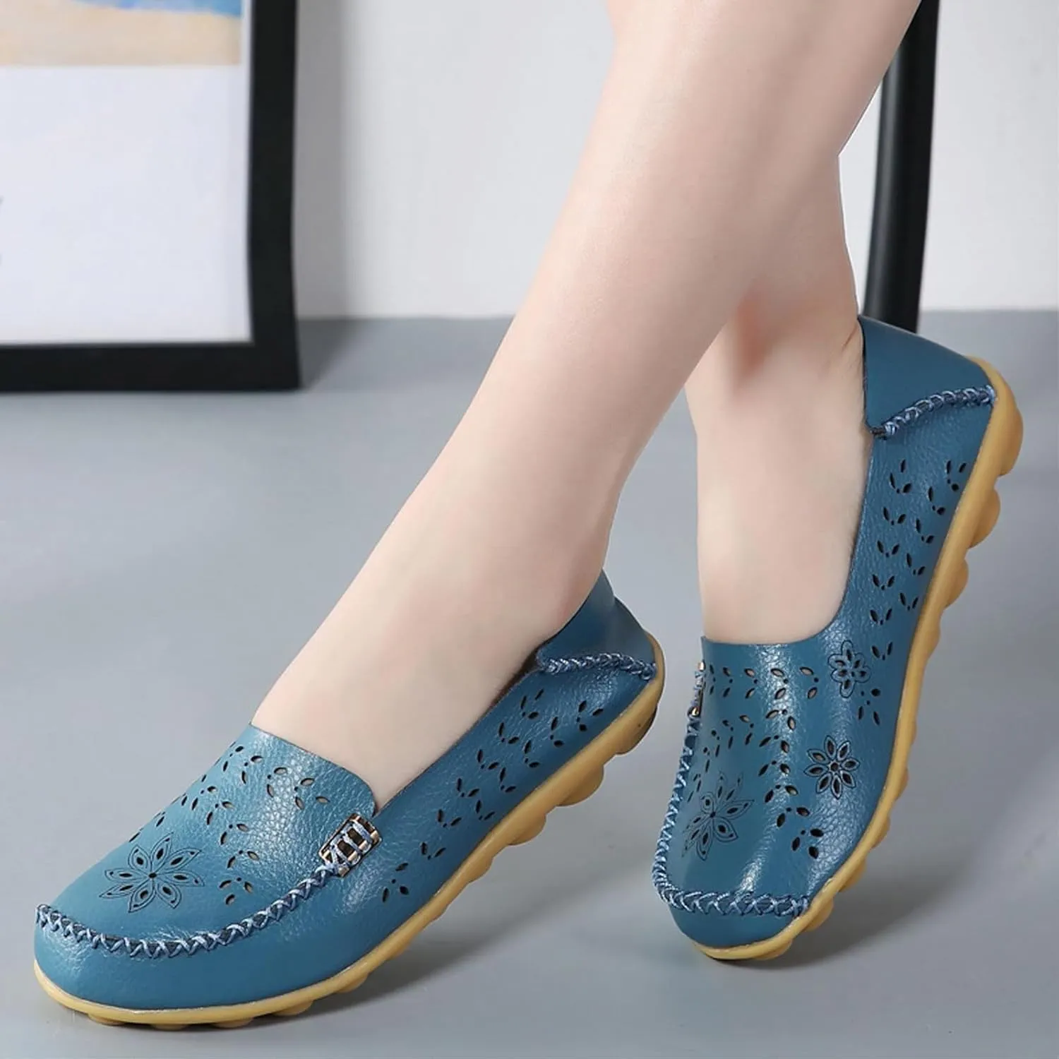 Comfort Loafers for Women Shoes Comfortable Casual Walking Boat Shoes Round Toe Non Slip Sandals Comfort Soft Sole Office Flat Loafer Cute Leather Walking Shoe