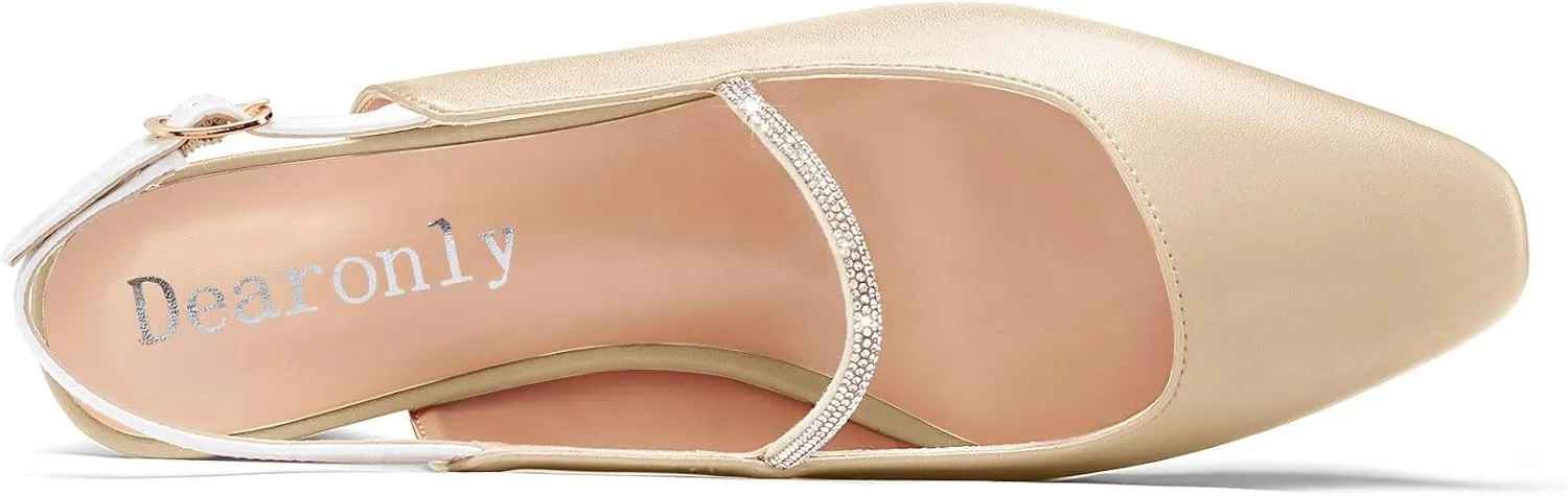 DearOnly Mid Block Heel Square Toe Slingback Ankle Strap Pumps Rhinestone Crystal Sexy Buckle Prom Shoes 2.0 Inches Heels