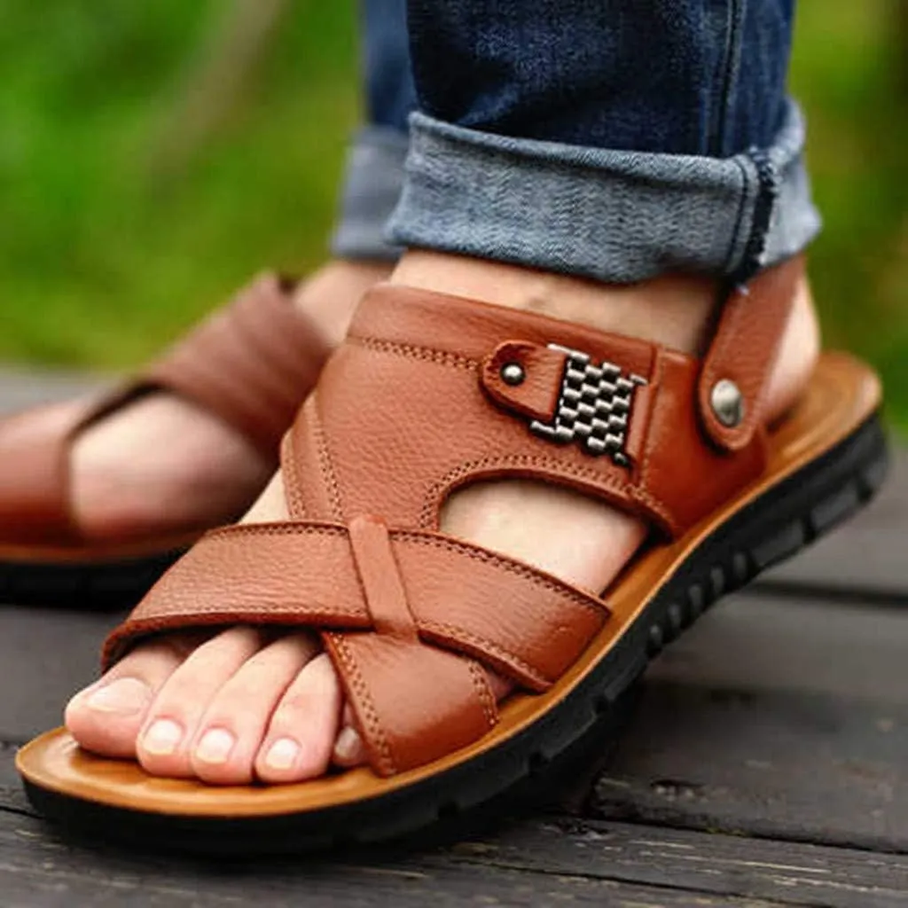 Men's Leather Sandals Open Toe Breathable Outdoor Fisherman Shoes Summer Walking Sandal For Male