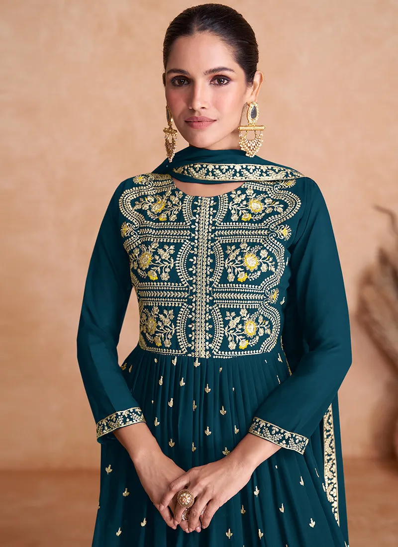 Turquoise Multi Embroidered Wedding Anarkali Lehenga Suit