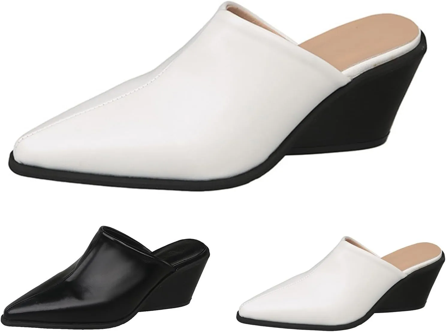 Womens Mules Point Closed Toe Pumps Chunky Block Heel Sandal Leather Slip-on Backless Wedged Casual Dress Shoes