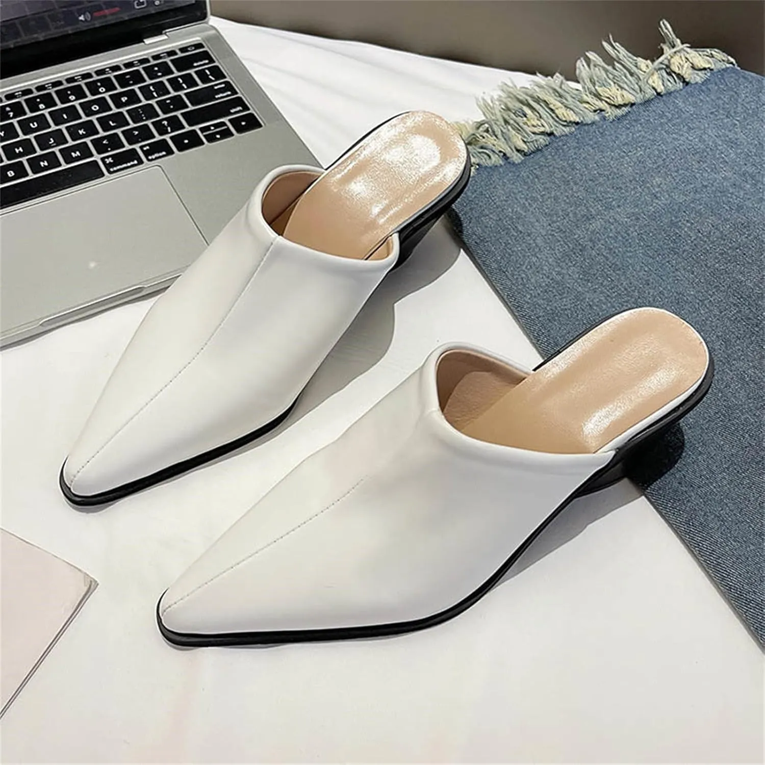 Womens Mules Point Closed Toe Pumps Chunky Block Heel Sandal Leather Slip-on Backless Wedged Casual Dress Shoes