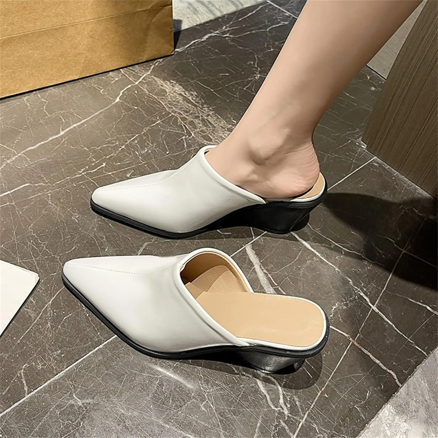 Womens Mules Point Closed Toe Pumps Chunky Block Heel Sandal Leather Slip-on Backless Wedged Casual Dress Shoes