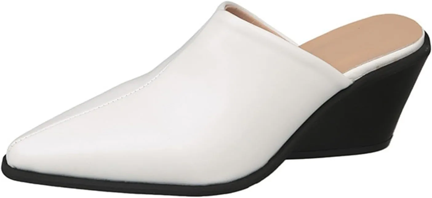 Womens Mules Point Closed Toe Pumps Chunky Block Heel Sandal Leather Slip-on Backless Wedged Casual Dress Shoes
